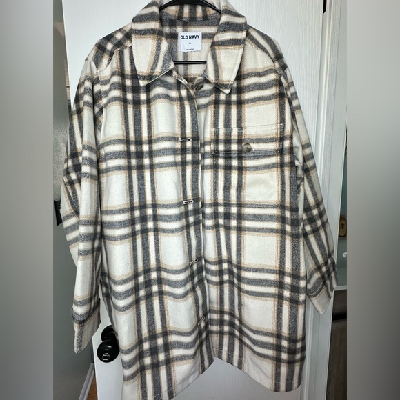 NWT Old Navy‎ long sleeve button up cream plaid wool shacket women’s XL - Picture 1 of 7